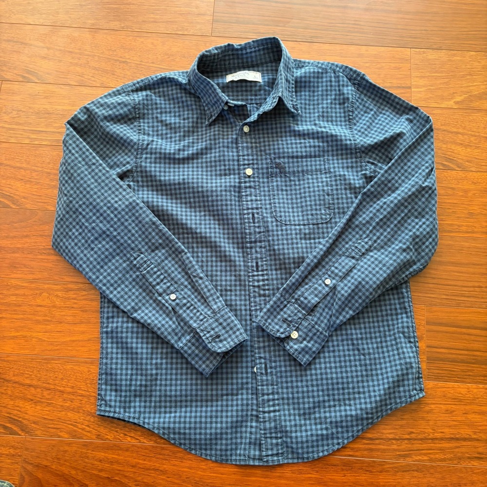 Abercrombie & Fitch Mens Blue Gingham Plaid Long Sleeve Button Down Shirt Size L